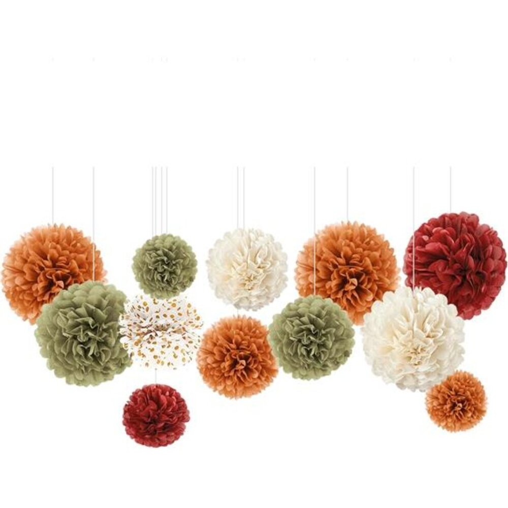 "12 PCS Fall Party Decorations: Pumpkin, Burgundy, Sage Green Tissue Pom Poms"